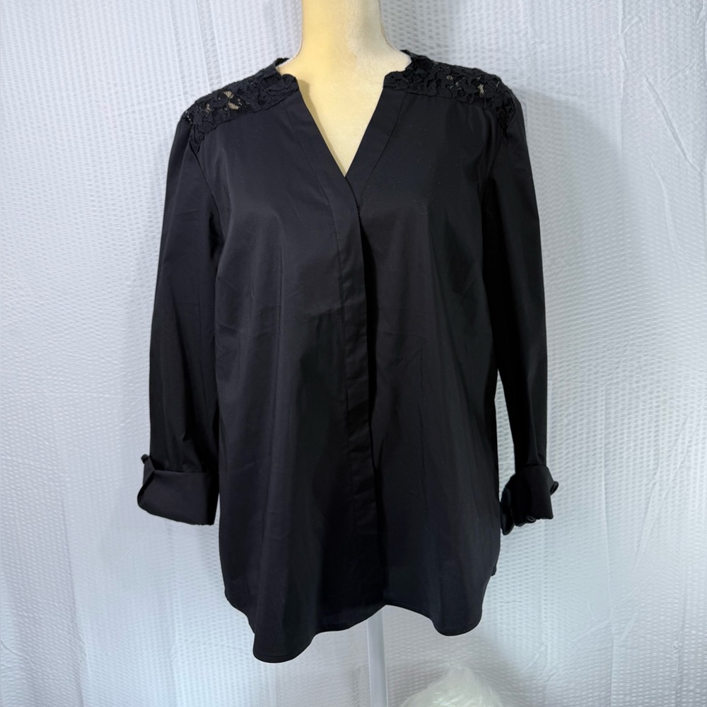 Women’s Y2K DKNY Black 3/4 Adjustable Sleeve Lace, Cotton Blouse Top Sz XL